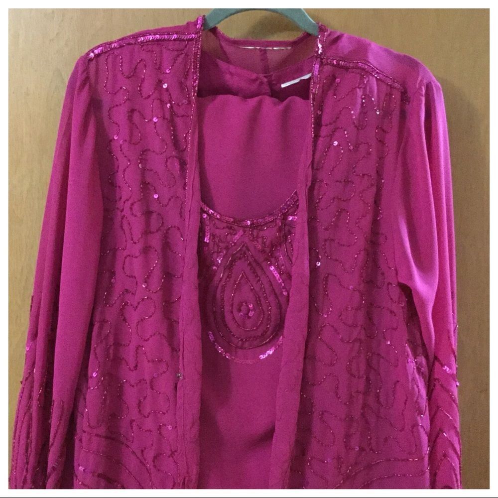 Roaman's Fuchsia Pink Beaded Jacket and Shell Set